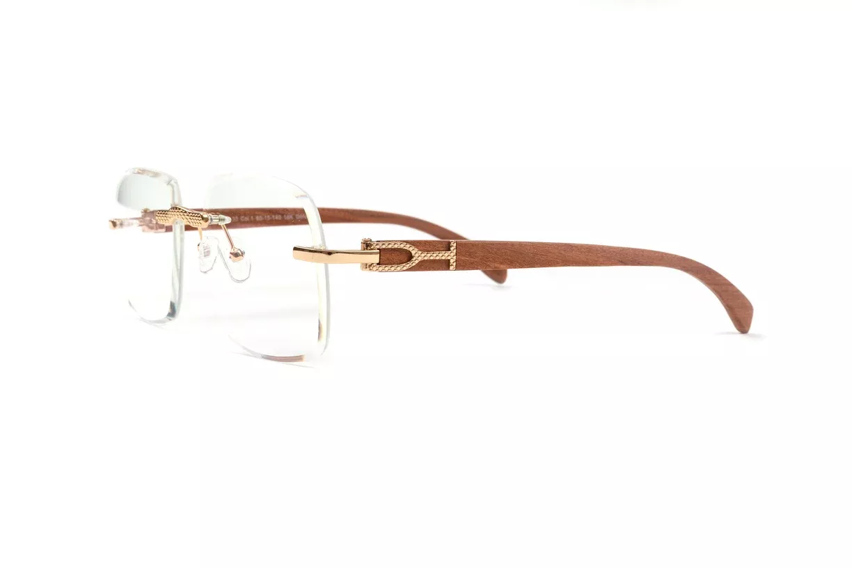 18kt-gold-brown-wood-eyeglasses-clear-square-bevel-lenses 18KT Gold & Brown Wood Eyeglasses, Clear Square Bevel Lenses